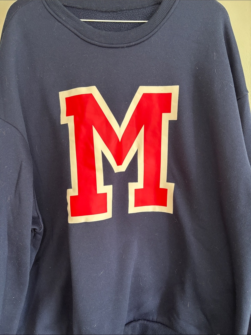 SHEIN Navy Crewneck Sweatshirt with Red and Cream 'M' Graphic